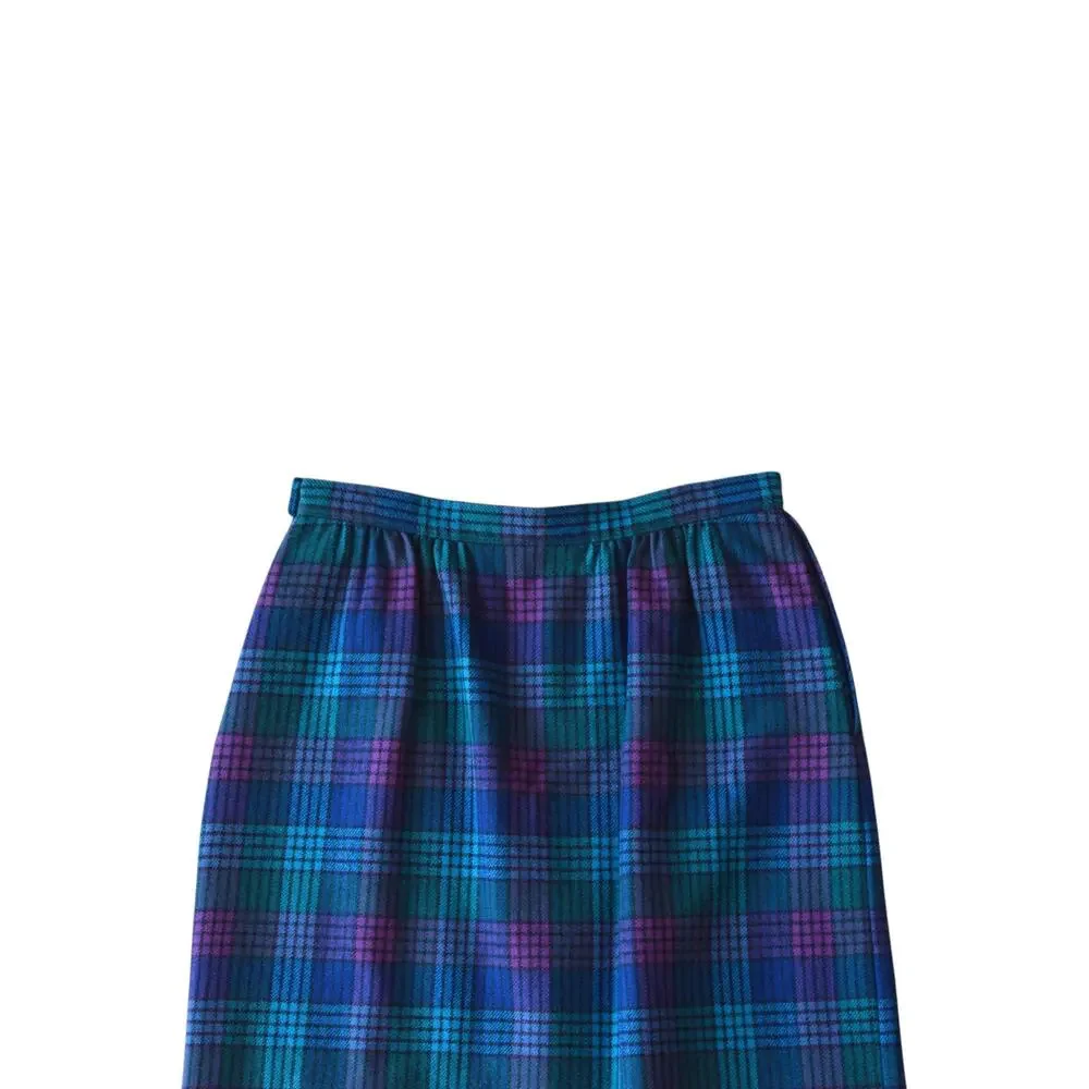 Vintage Plaid Midi Skirt Blue Purple Tartan 25 Waist High Rise